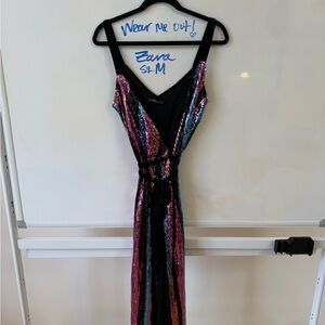 Zara Strapless Sequin Maxi Dress in Pink, Blue & Gold
